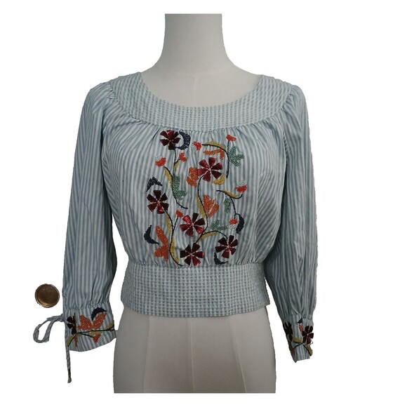 Anthropologie Tops - Anthropologie Women's Small Embroidered Smocked Crop Top Cotton Elastic Waist